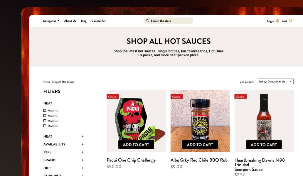 iBurn hot sauces product listing page with filters and products like Paqui One Chip Challenge.