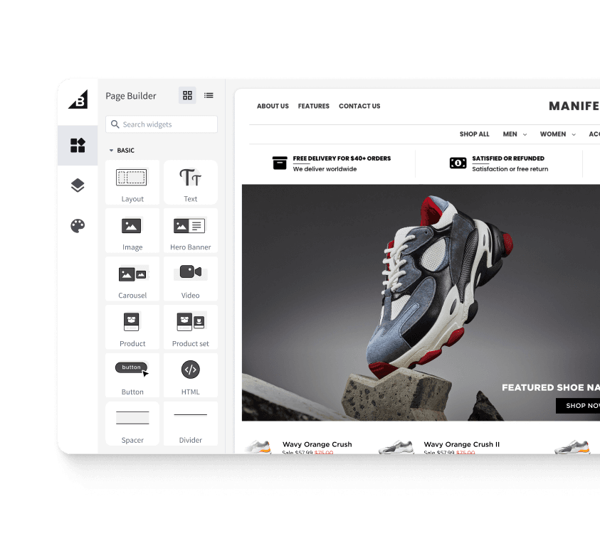 Screenshot of the BigCommerce page builder interface, showcasing tools like layout, text, image, and a preview of a sneaker on a product page.