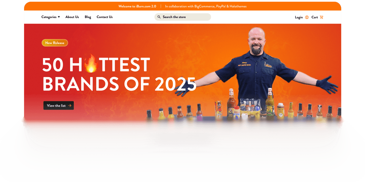 Shop 50 Hottest Brands of 2025, featuring a man showcasing hot sauces