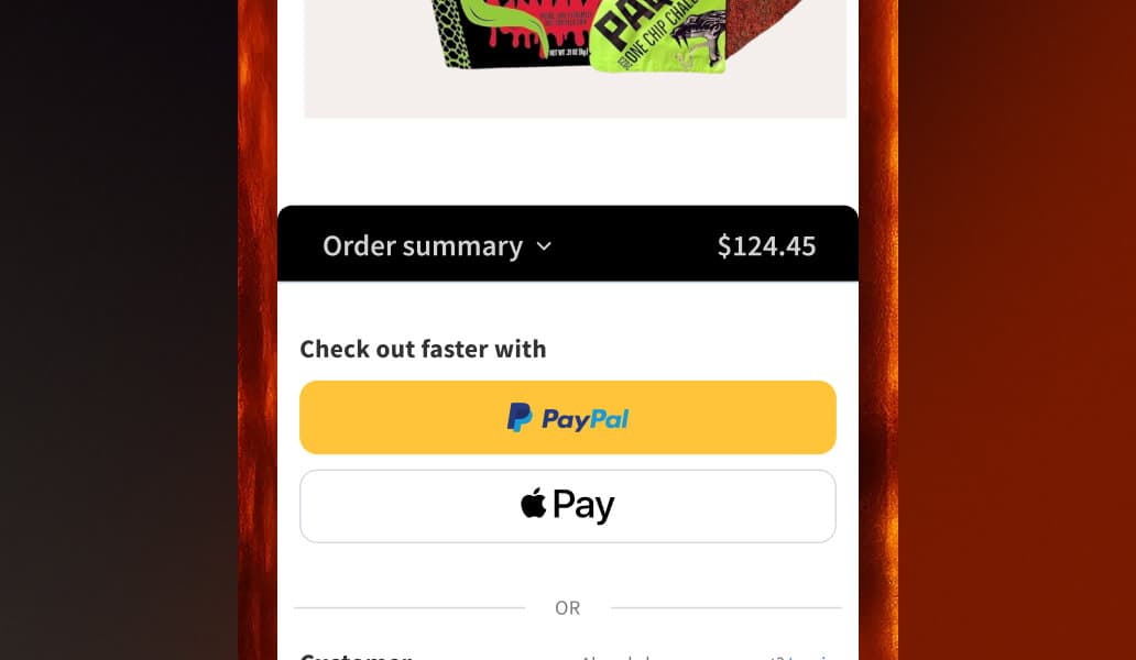 E-commerce checkout page showing order summary, PayPal, and Apple Pay options.